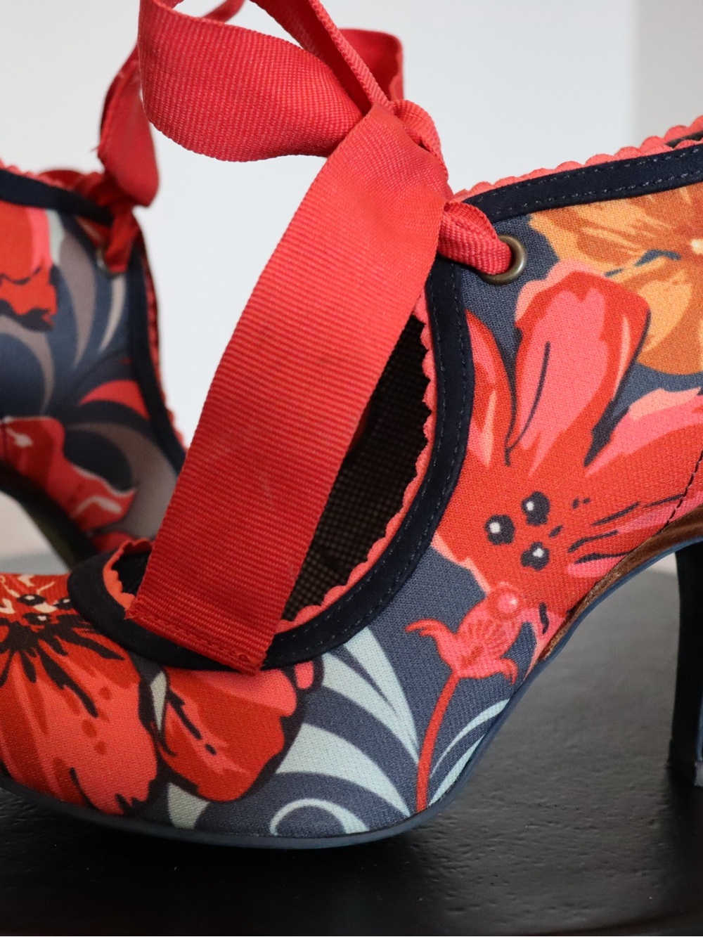 Red Floral Tie-Ankle Women's Heels